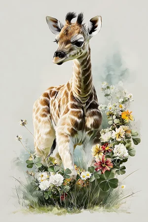 Baby giraffe floral portrait printable in soft pastel colors, high-resolution 300 DPI JPG for nursery wall art