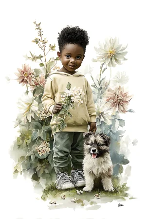 Boy and puppy floral print kids wall art, soft pastel nursery illustration, digital 300 DPI JPG printable