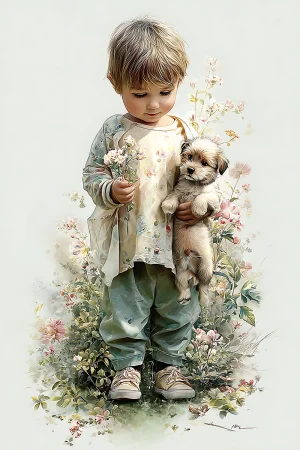 Toddler boy gently holding a puppy illustration, printable high-resolution 300 DPI JPG for nursery wall art